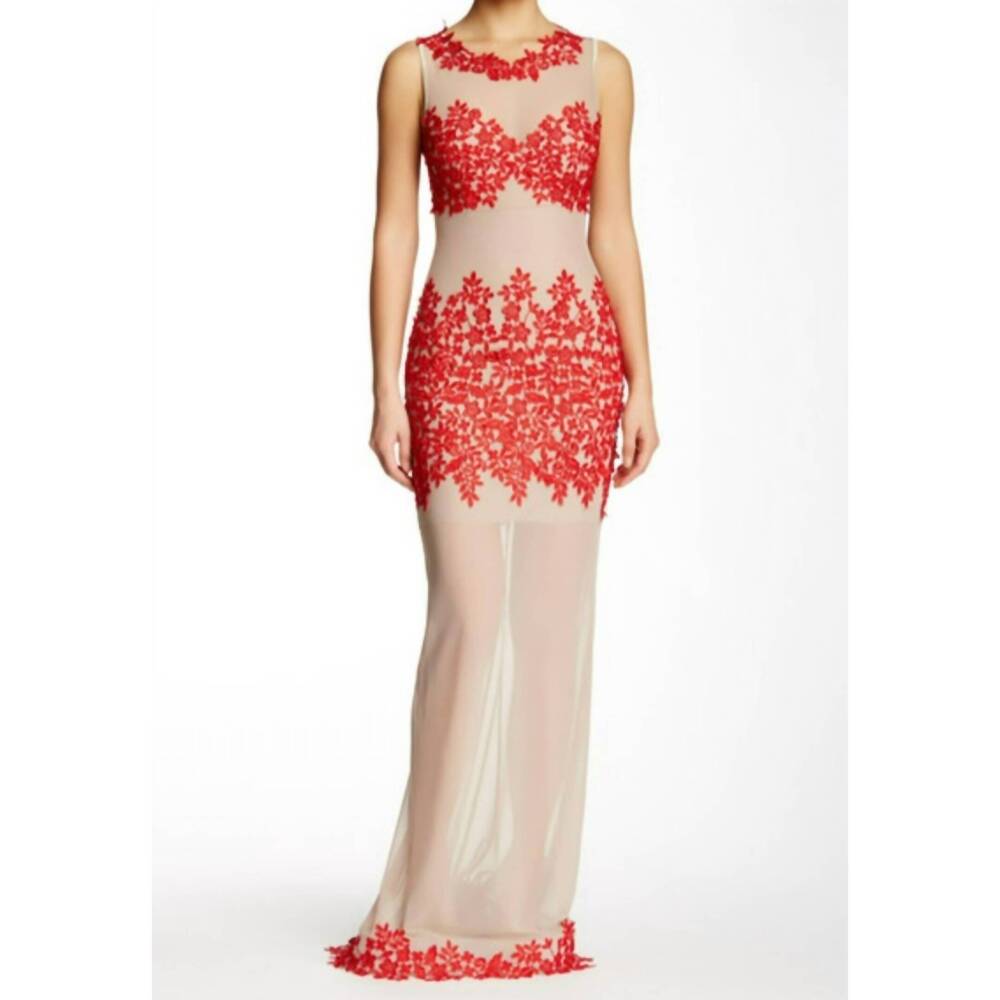 NEW ISSUE NEW YORK illusion gown in red, beige